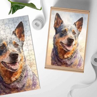 Dřevěné puzzle Australský honácký pes akvarel