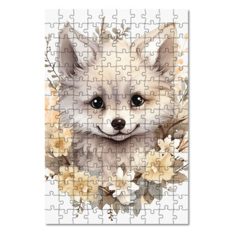 Dřevěné puzzle Mládě bílé lišky v květinách