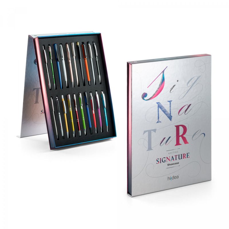 SIGNATURE WRITING SHOWCASE. Vzorník s 20 kovovými kličkovými pery