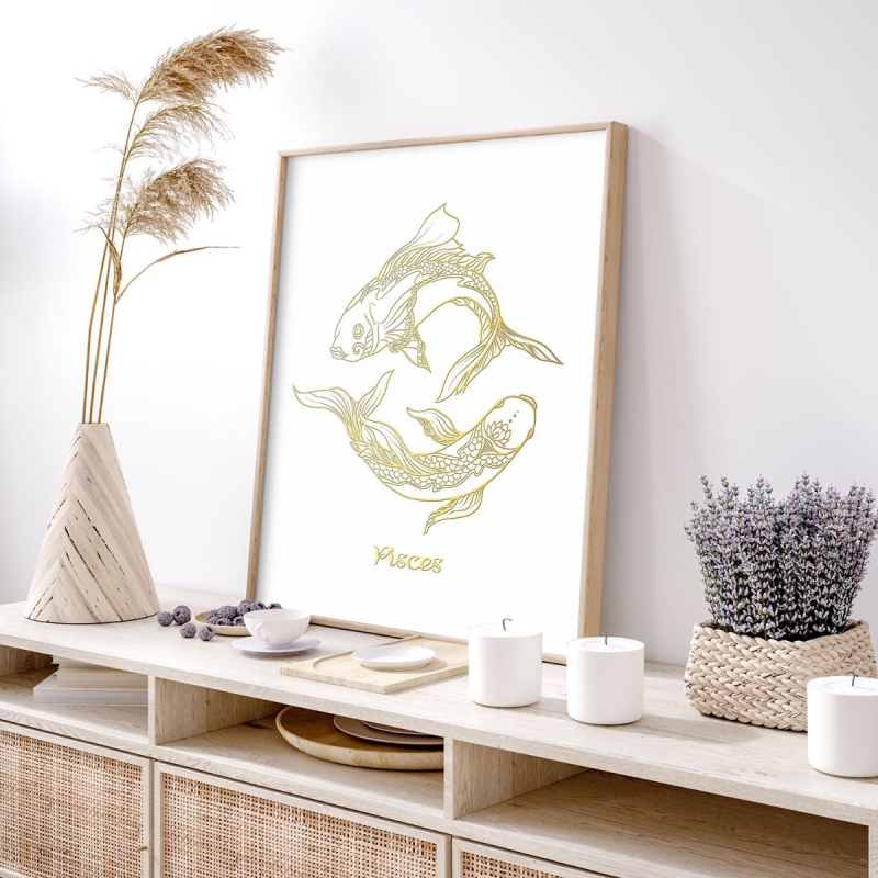 Znamení zvěrokruhu Ryby bílá 3D Zlatý Plakát
