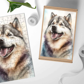 Dřevěné puzzle Aljašský malamut akvarel