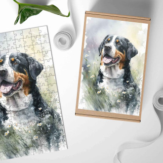 Dřevěné puzzle Velký švýcarský salašnický pes akvarel