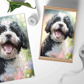 Dřevěné puzzle Portugalský vodní pes akvarel
