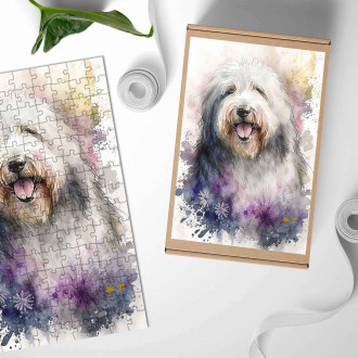 Dřevěné puzzle Starý anglický ovčák akvarel