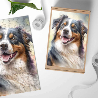 Dřevěné puzzle Miniaturní americký ovčák akvarel