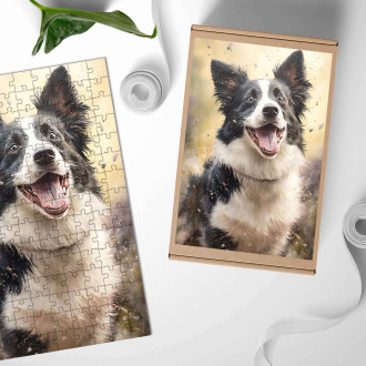 Dřevěné puzzle Border kolie akvarel