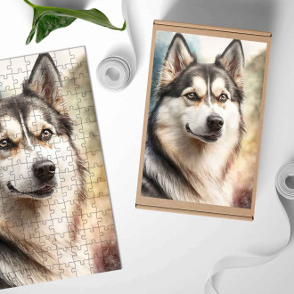 Dřevěné puzzle Sibiřský husky akvarel