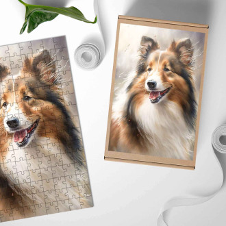 Dřevěné puzzle Shetlandský ovčák akvarel