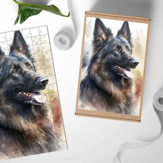 Dřevěné puzzle Belgický ovčák akvarel