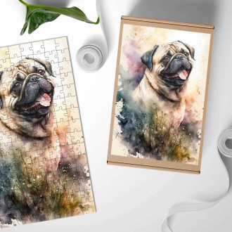 Dřevěné puzzle Mopsík akvarel