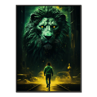 muž kráčí kolem velkého lva za temné noci