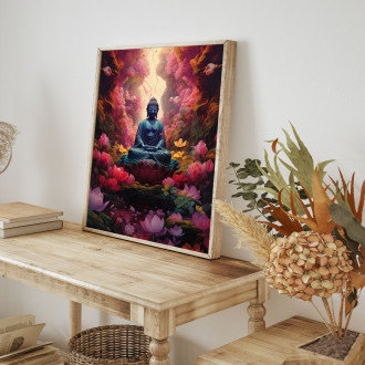 Buddha sedí před spoustou květin