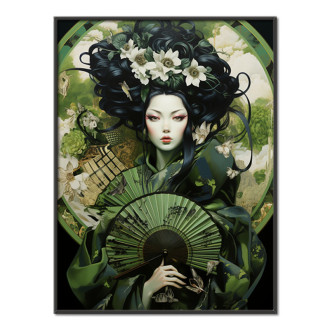 zelená geisha s vějířem