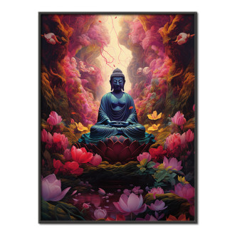 Buddha sedí před spoustou květin