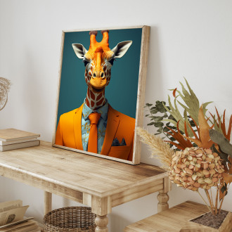 žirafa v oranžovém obleku a kravatě