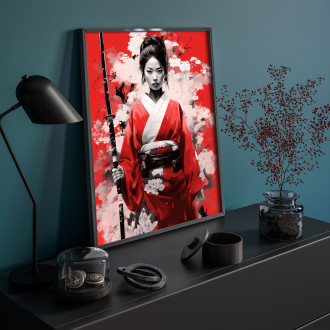 dívka s kimonem na červeném pozadí