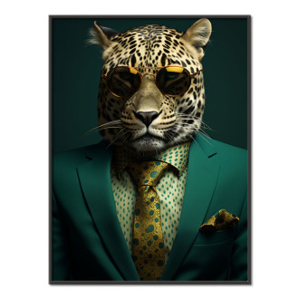 leopard v zeleném obleku a kravatě
