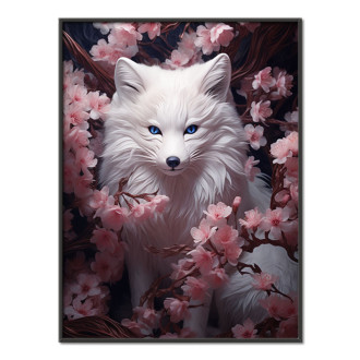 liška s modrýma očima se schovává v květinách