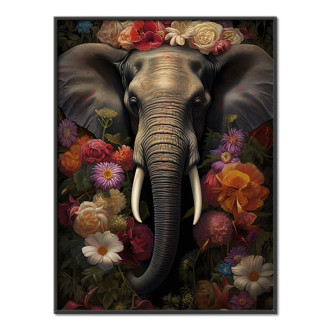 slon obklopený květinami a listy
