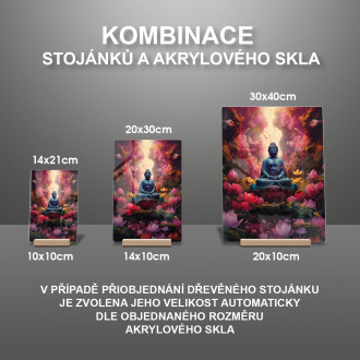 Akrylové sklo buddha sedí před spoustou květin