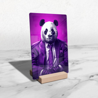 Akrylové sklo panda ve fialovém obleku a kravatě