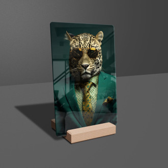 Akrylové sklo leopard v zeleném obleku a kravatě