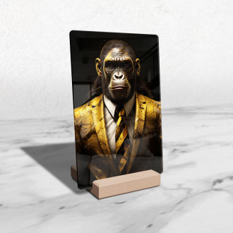 Akrylové sklo opice ve zlatém obleku a kravatě