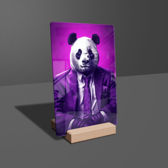 Akrylové sklo panda ve fialovém obleku a kravatě