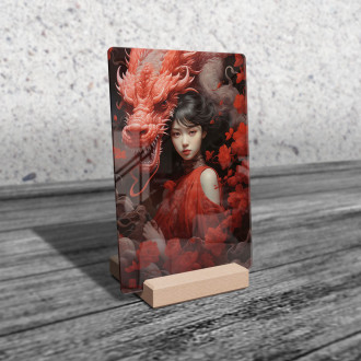 Akrylové sklo dívka s květinami a drakem