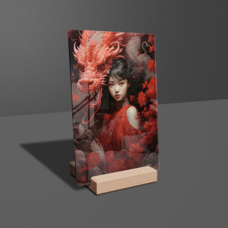 Akrylové sklo dívka s květinami a drakem