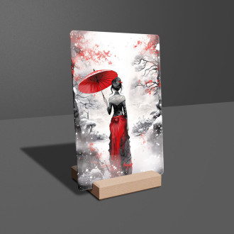 Akrylové sklo zasněžená krajina s ženou držící deštník