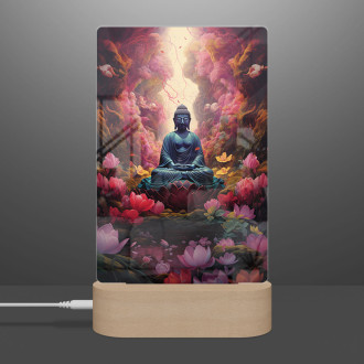 Lampa Buddha sedí před spoustou květin