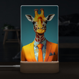 Lampa žirafa v oranžovém obleku a kravatě