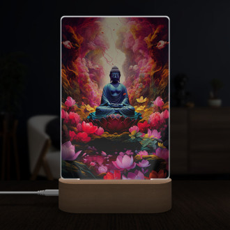 Lampa Buddha sedí před spoustou květin