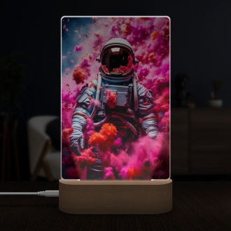 Lampa astronaut s růžovým kouřem stoupajícím vzhůru