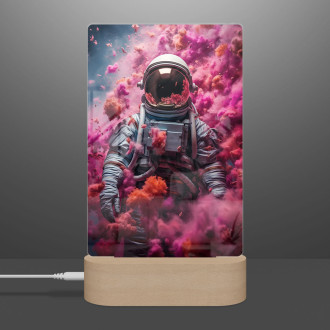 Lampa astronaut s růžovým kouřem stoupajícím vzhůru