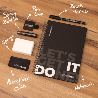 STARTER KIT INFINITEBOOK. Sada obsahující „Infinitebook“ s pevnou vazbou, 1 čisticí sadu, 1 záložku a 1 držák na kuličkové pero