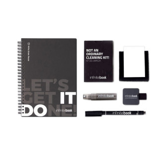 STARTER KIT INFINITEBOOK. Sada obsahující „Infinitebook“ s pevnou vazbou, 1 čisticí sadu, 1 záložku a 1 držák na kuličkové pero