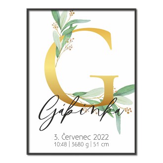 Personalizovatelný plakát Narození miminka - Abeceda "G"