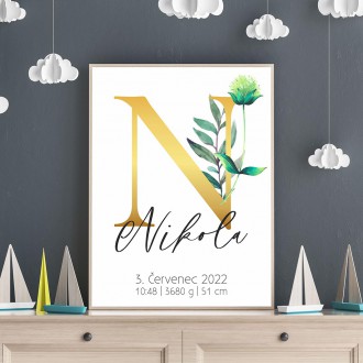 Personalizovatelný plakát Narození miminka - Abeceda "N"