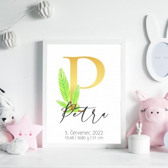 Personalizovatelný plakát Narození miminka - Abeceda "P"