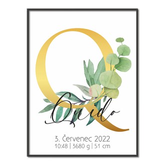 Personalizovatelný plakát Narození miminka - Abeceda "Q"
