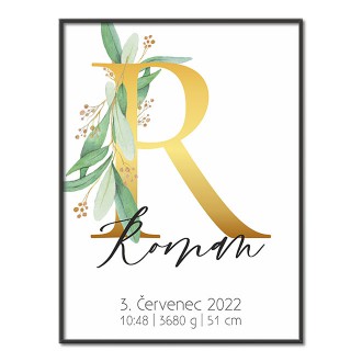Personalizovatelný plakát Narození miminka - Abeceda "R"