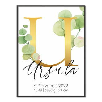 Personalizovatelný plakát Narození miminka - Abeceda "U"