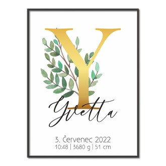 Personalizovatelný plakát Narození miminka - Abeceda "Y"
