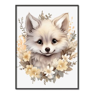 Mládě bílé lišky v květinách