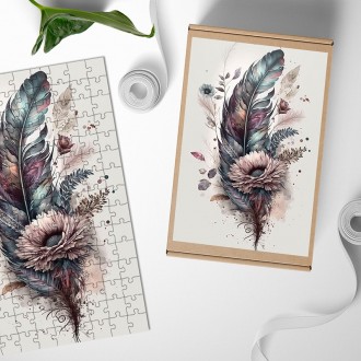 Dřevěné puzzle Koláž květin a peří