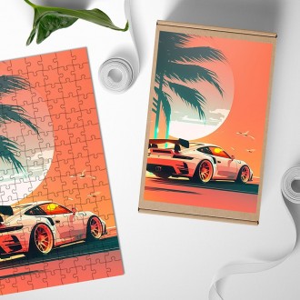 Dřevěné puzzle Západ slunce porsche