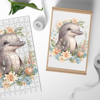 Dřevěné puzzle Mládě delfína v květinách