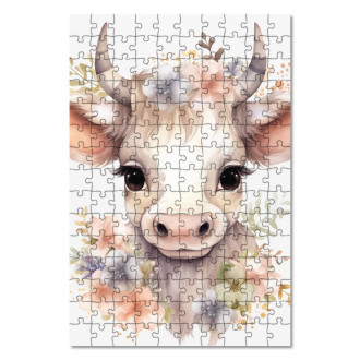 Dřevěné puzzle Mládě krávy v květinách